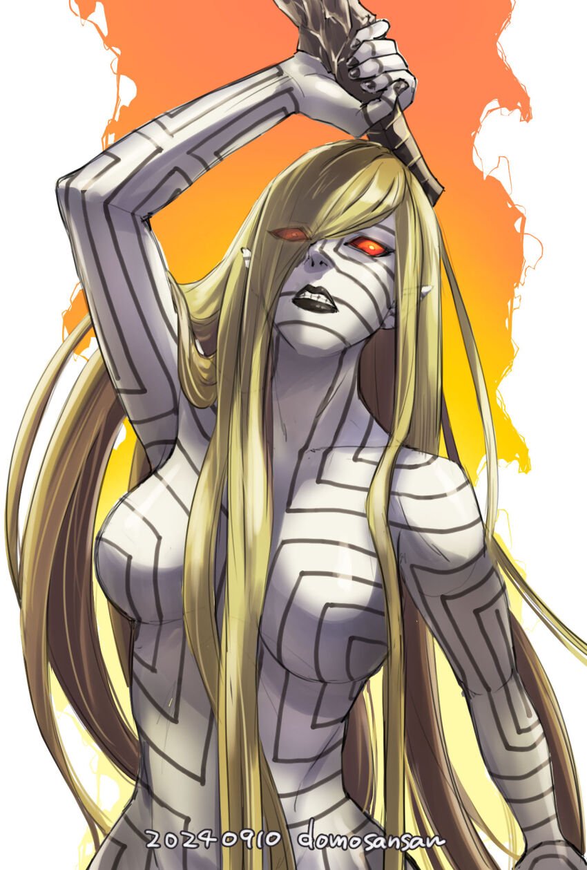 1girl 2024 artist_name asherah_(megami_tensei) black_lips blonde_hair body_markings breasts colored_skin completely_nude dated full-body_tattoo glowing glowing_eyes hair_over_one_eye highres holding holding_knife knife long_hair looking_at_viewer medium_breasts no_nipples nude pointy_ears red_eyes shin_megami_tensei shin_megami_tensei:_strange_journey shinabita_nasubi simple_background solo tattoo very_long_hair weapon white_skin