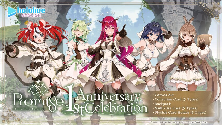 5girls anniversary bare_shoulders breasts ceres_fauna cleavage commentary detached_sleeves dress english_commentary english_text frills grey_hair grin hakos_baelz highres holocouncil hololive hololive_english irys_(hololive) large_breasts long_hair multiple_girls nanashi_mumei official_alternate_costume official_art open_mouth ouro_kronii short_hair smile very_long_hair virtual_youtuber