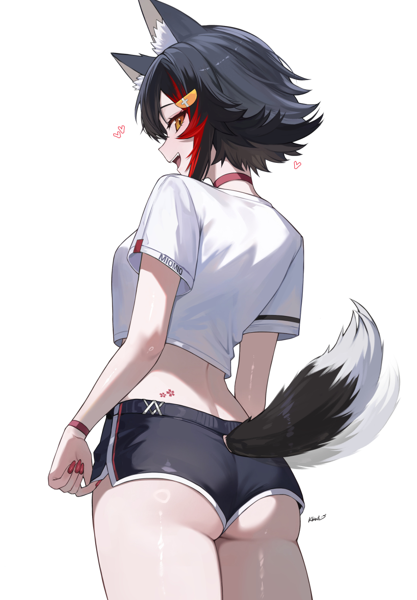 1girl absurdres animal_ear_fluff animal_ears ass black_hair choker commentary crop_top cropped_shirt dolphin_shorts from_behind hair_between_eyes highres hololive kkato looking_at_viewer looking_back ookami_mio red_choker red_hair shirt short_hair short_shorts shorts simple_background solo symbol-only_commentary t-shirt tail virtual_youtuber white_background white_shirt wolf_ears wolf_girl wolf_tail yellow_eyes