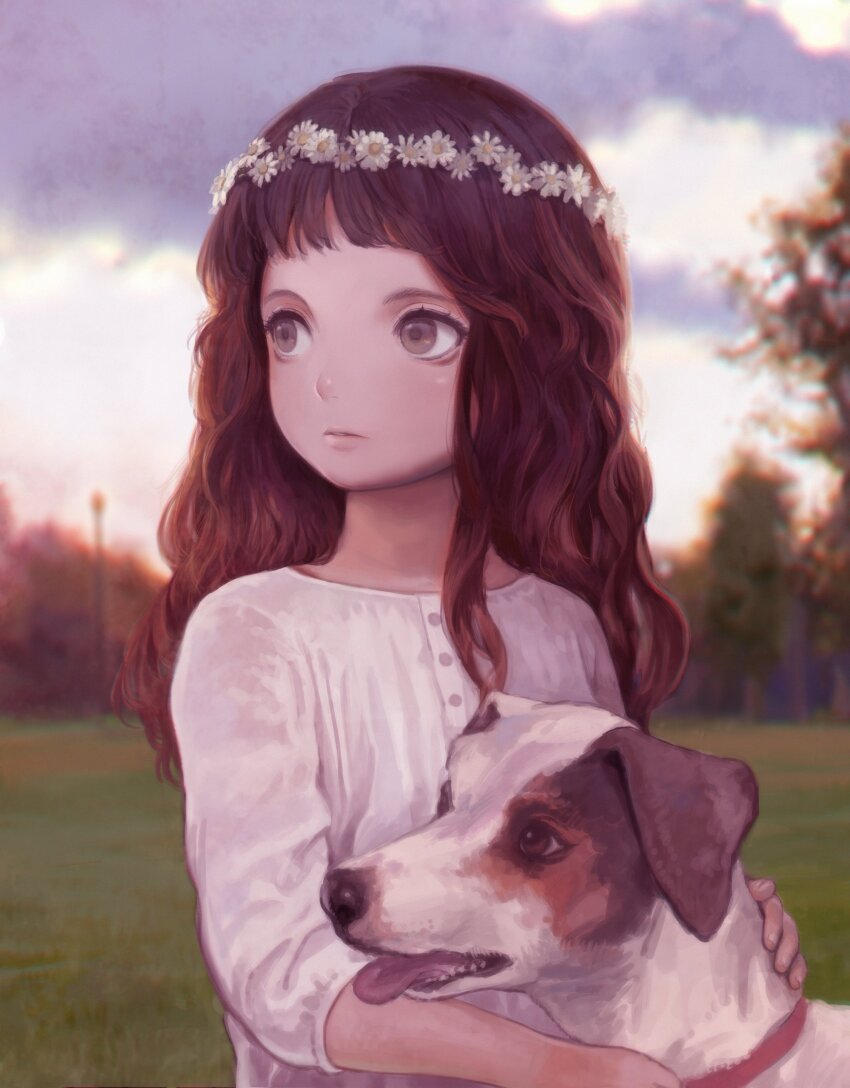 1girl absurdres brown_eyes brown_hair dog dress expressionless flat_chest flower_wreath head_wreath highres hotateyuki looking_to_the_side nature original outdoors sky solo tree upper_body white_dress