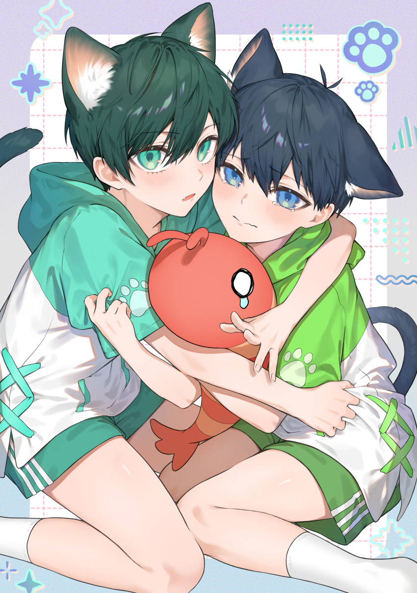 2boys absurdres animal_ears aqua_eyes aqua_hoodie aqua_shorts black_hair blue_eyes blue_lock border cat_boy cat_ears cat_tail fish green_hoodie green_shorts grid_background hair_between_eyes highres hood hood_down hoodie hug isagi_yoichi itoshi_rin light_blush looking_at_viewer male_focus multiple_boys outside_border parted_lips paw_print paw_print_background purple_border round_border short_hair short_sleeves shorts sparkle_background tail udality yaoi