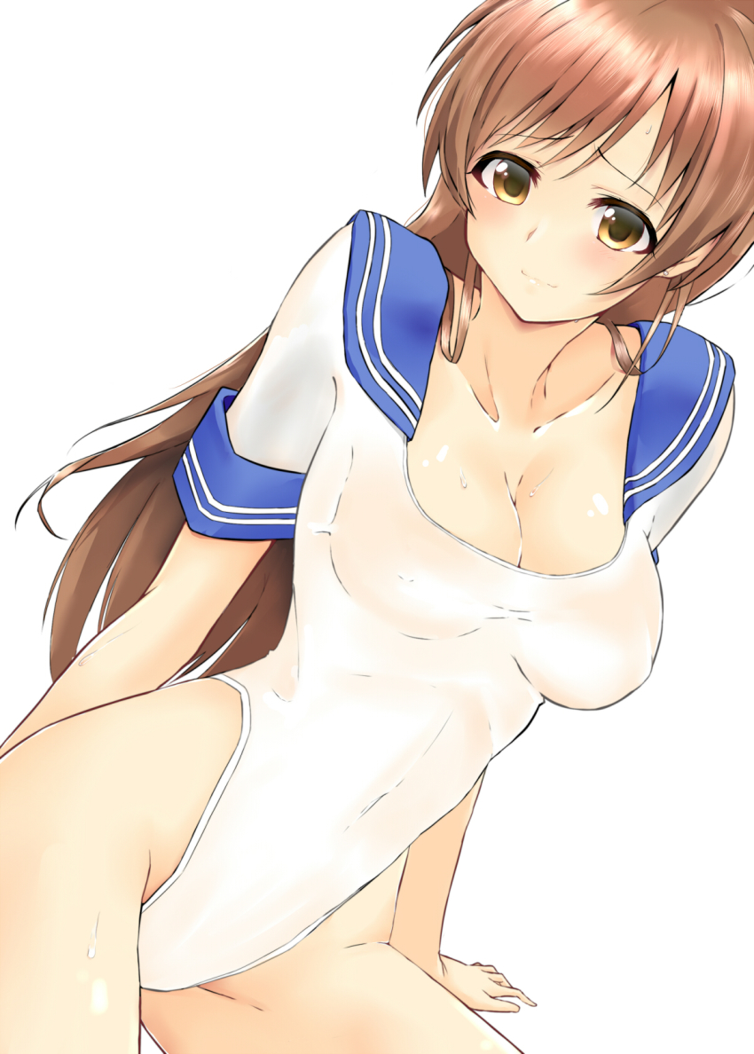 1girl bad_id bad_pixiv_id blue_sailor_collar breasts brown_eyes brown_hair cleavage covered_navel cowboy_shot female_focus highleg highleg_leotard highres idolmaster idolmaster_cinderella_girls kon5283 leotard long_hair medium_breasts nitta_minami sailor_collar see-through_clothes simple_background sitting smile solo white_background white_leotard