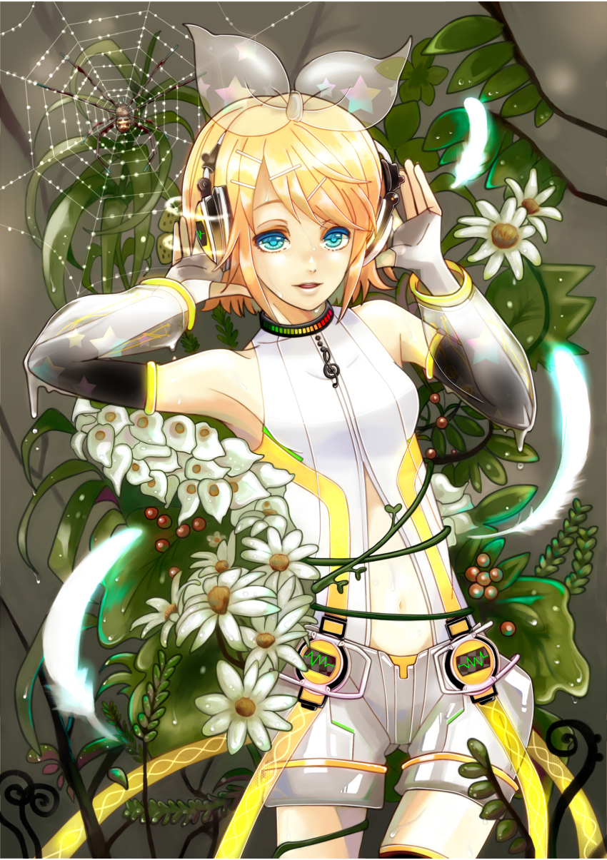 1girl absurdres aqua_eyes arm_warmers blonde_hair bug daisy dante_itou detached_sleeves feathers female_focus flower hair_ornament hair_ribbon hairclip headphones highres ito_shi kagamine_rin kagamine_rin_(append) md5_mismatch navel resolution_mismatch revision ribbon short_hair shorts silk smile solo source_smaller spider spider_web vocaloid vocaloid_append