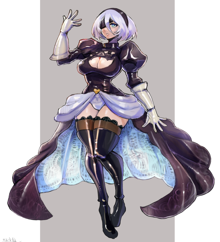 1girl 2b_(nier:automata) alternate_costume black_boots black_dress blue_eyes boots breasts cleavage cleavage_cutout clothing_cutout dress full_body gloves highres large_breasts leotard long_sleeves looking_up mole mole_under_mouth nier:automata nier_(series) oomasa_teikoku solo thigh_boots thighhighs white_gloves white_hair white_leotard