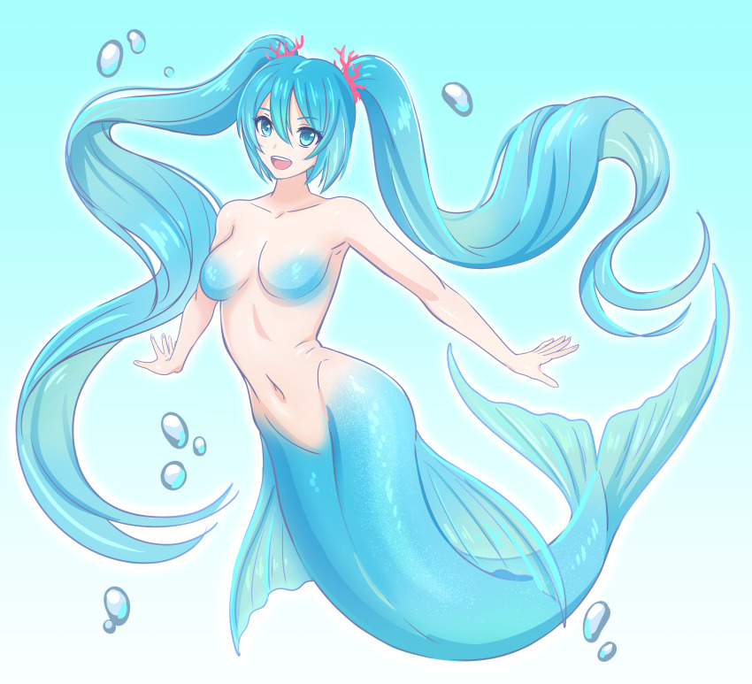 1girl :d absurdres blue_eyes blue_hair breasts bubble collarbone completely_nude coral coral_hair_ornament full_body hair_ornament hatsune_miku highres kiria021 large_breasts long_hair looking_at_viewer mermaid monster_girl monsterification navel nude open_mouth smile solo teeth tongue underwater upper_teeth_only very_long_hair vocaloid