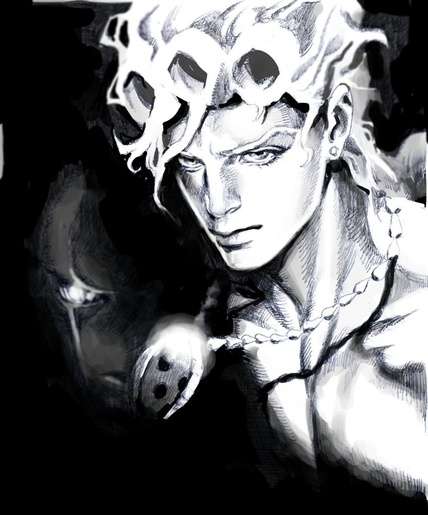 1boy earrings giorno_giovanna gold_experience graphite_(medium) greyscale highres jewelry jojo_no_kimyou_na_bouken male_focus monochrome necklace nobita_(makoto7060355) official_alternate_costume pendant serious stand_(jojo) stud_earrings topless_male traditional_media vento_aureo