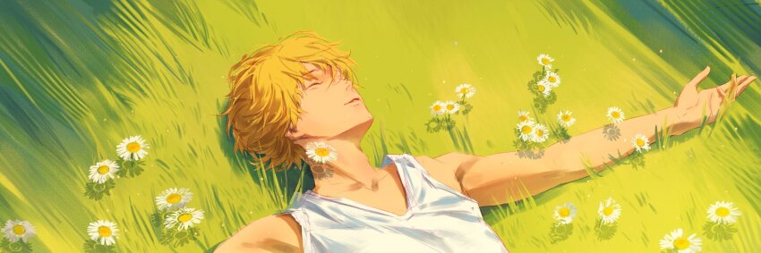 1boy blonde_hair chainsaw_man denji_(chainsaw_man) flower grass highres kozzz_y lying male_focus on_back on_grass outdoors short_hair sleeping solo tank_top white_flower white_tank_top