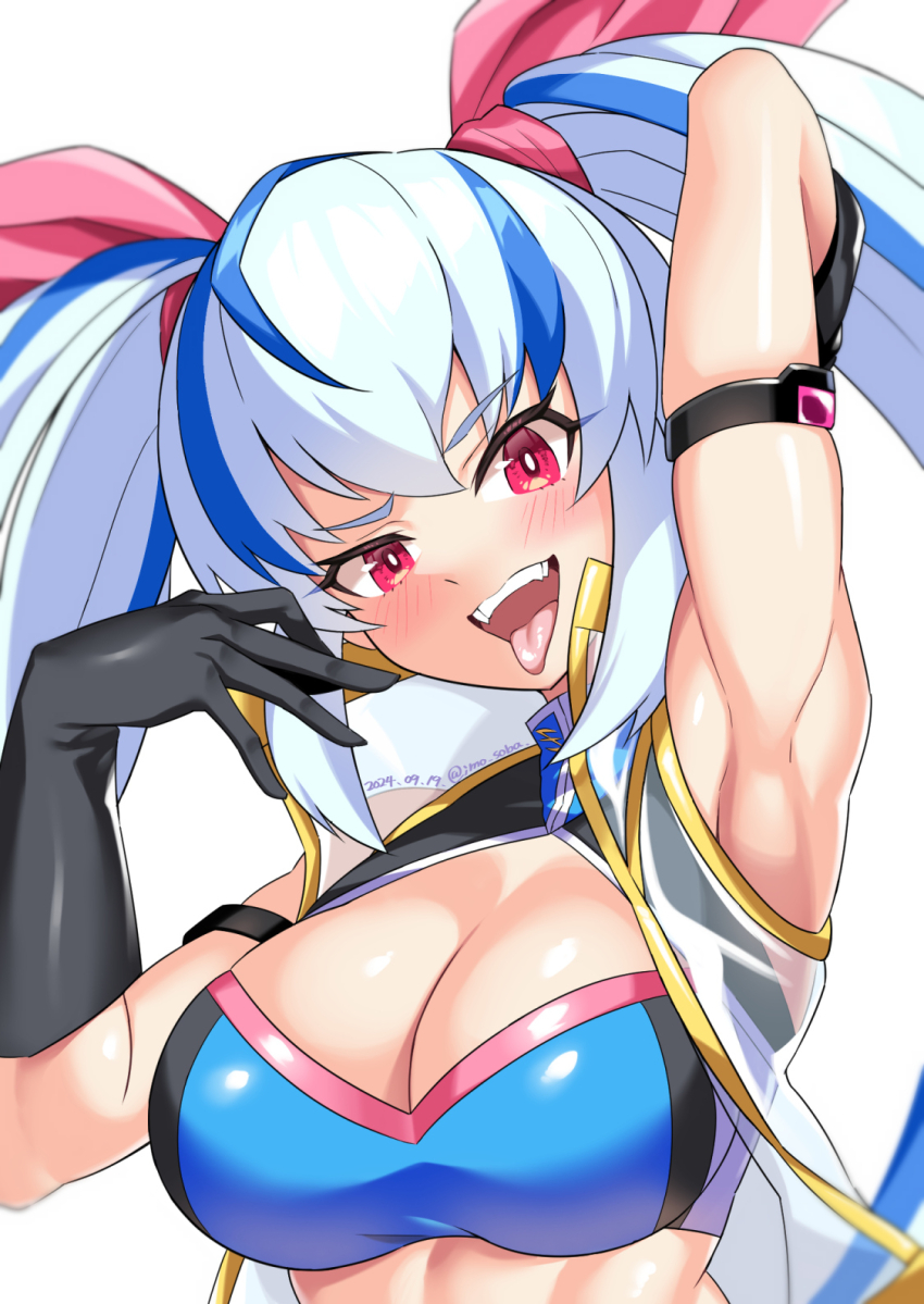 armpits black_gloves blue_hair blush bow breasts cleavage gloves gundam gundam_breaker gundam_breaker_4 highres imo_soba khara_pacchio long_hair midriff multicolored_hair navel red_bow red_eyes simple_background sleeveless smile tongue tongue_out twintails upper_body