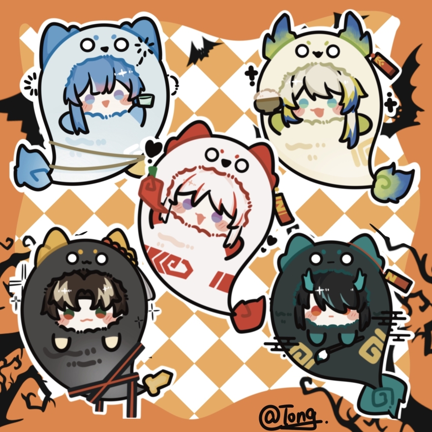 1boy 4girls :3 :d arknights black_hair blonde_hair blue_eyes blue_hair blush_stickers brother_and_sister brown_eyes brown_hair chibi chibi_only chinese_commentary chongyue_(arknights) closed_mouth commentary_request costume dragon_bubble_(arknights) dusk_(arknights) family green_eyes green_hair grey_hair highres ling_(arknights) looking_at_viewer multicolored_hair multiple_girls nian_(arknights) no_pupils open_mouth orange_background orange_eyes orange_hair purple_eyes short_hair shu_(arknights) siblings sisters smile streaked_hair tong_yao_zai_bai_lan white_hair