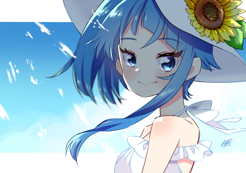 1girl absurdres artist_name blue_eyes blue_hair blue_sky casual closed_mouth cloud cloudy_sky commentary day dress flower halter_dress halterneck hat hat_flower highres hirogaru_sky!_precure looking_at_viewer medium_hair outdoors outside_border pota_(potacure1011) precure side_ponytail signature single_sidelock sky smile solo sora_harewataru sun_hat sundress sunflower upper_body white_dress white_hat wind