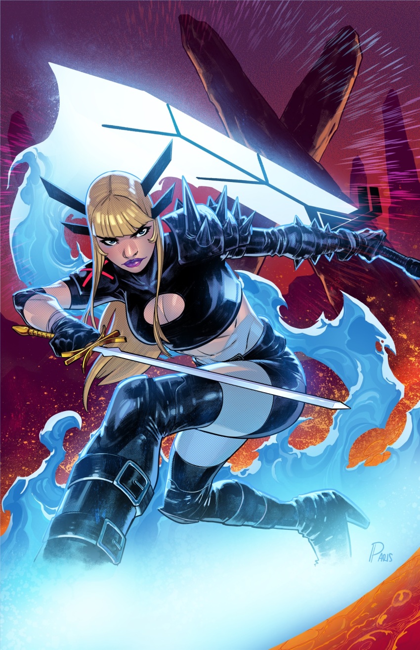 1girl artist_name belt black_boots black_gloves black_shorts blonde_hair blue_eyes boots breasts cleavage cleavage_cutout clothing_cutout crop_top dual_wielding gloves highres holding holding_sword holding_weapon large_breasts long_hair looking_at_viewer magik_(x-men) marvel paris_alleyne purple_lips short_shorts shorts signature solo spiked_pauldrons sword thigh_boots weapon x-men