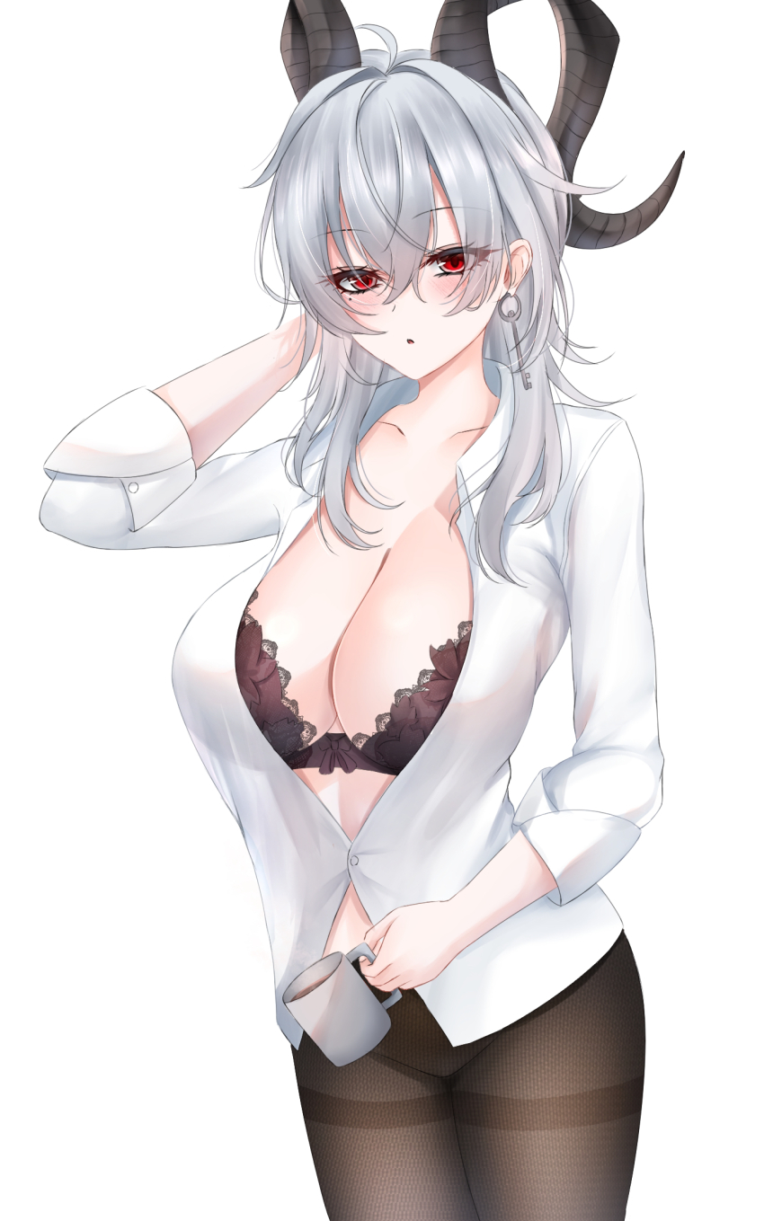 1girl :o arm_behind_head black_bra black_horns black_pantyhose blush bra bra_peek breasts collarbone collared_shirt commentary cowboy_shot cup curled_horns earrings hair_between_eyes highres holding holding_cup horns jewelry key_earrings large_breasts long_hair looking_at_viewer match_(scp115) mole mole_under_eye open_mouth pantyhose red_eyes shirt simple_background sleeves_rolled_up solo underwear white_background white_hair white_shirt wuthering_waves zani_(wuthering_waves)