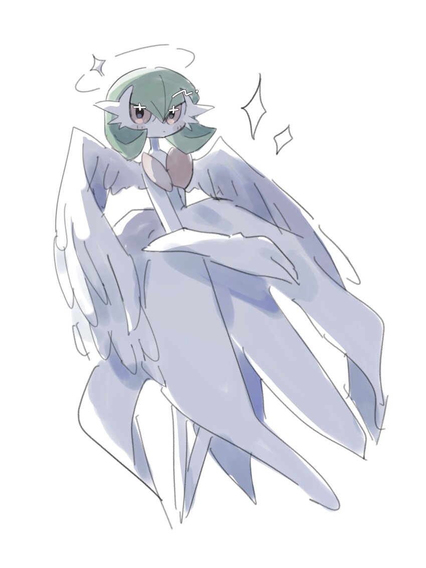 +_+ 1girl angel backlighting blush blush_stickers bob_cut closed_mouth colored_skin creatures_(company) elbow_gloves expressionless feathered_wings female_focus flat_chest game_freak gardevoir gen_3_pokemon gloves green_hair hair_between_eyes halo looking_at_viewer mame_(nanase_pk) mega_gardevoir mega_pokemon nintendo pokemon pokemon_(creature) red_eyes short_hair simple_background solo sparkle white_background white_gloves white_skin white_wings wings