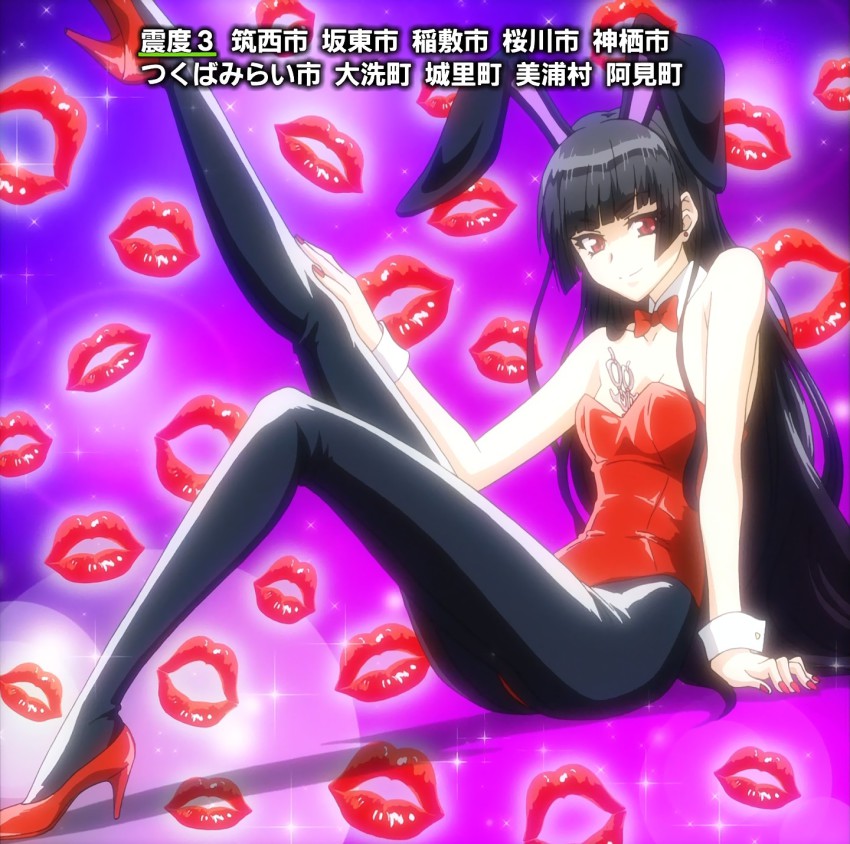 10s 1girl animal_ears anime_screenshot black_hair fake_animal_ears female_focus high_heels highres inu_to_hasami_wa_tsukaiyou legs leotard lipstick_mark long_hair natsuno_kirihime pantyhose playboy_bunny rabbit_ears red_eyes solo