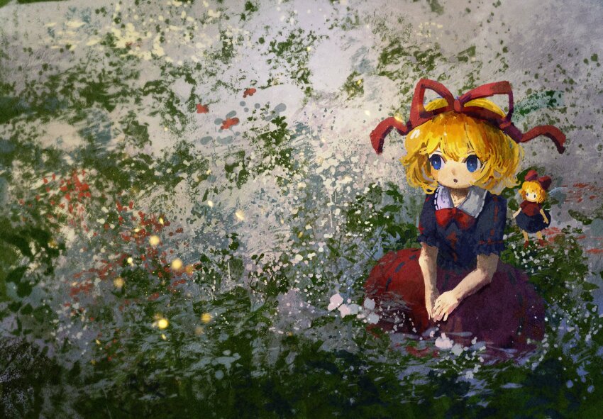 2girls black_shirt blonde_hair blue_eyes bow bowtie fireflies ge_dazuo hair_ribbon highres medicine_melancholy mini_person minigirl multiple_girls nature outdoors own_hands_together parted_lips plant red_bow red_bowtie red_ribbon red_skirt ribbon shirt short_sleeves skirt su-san touhou