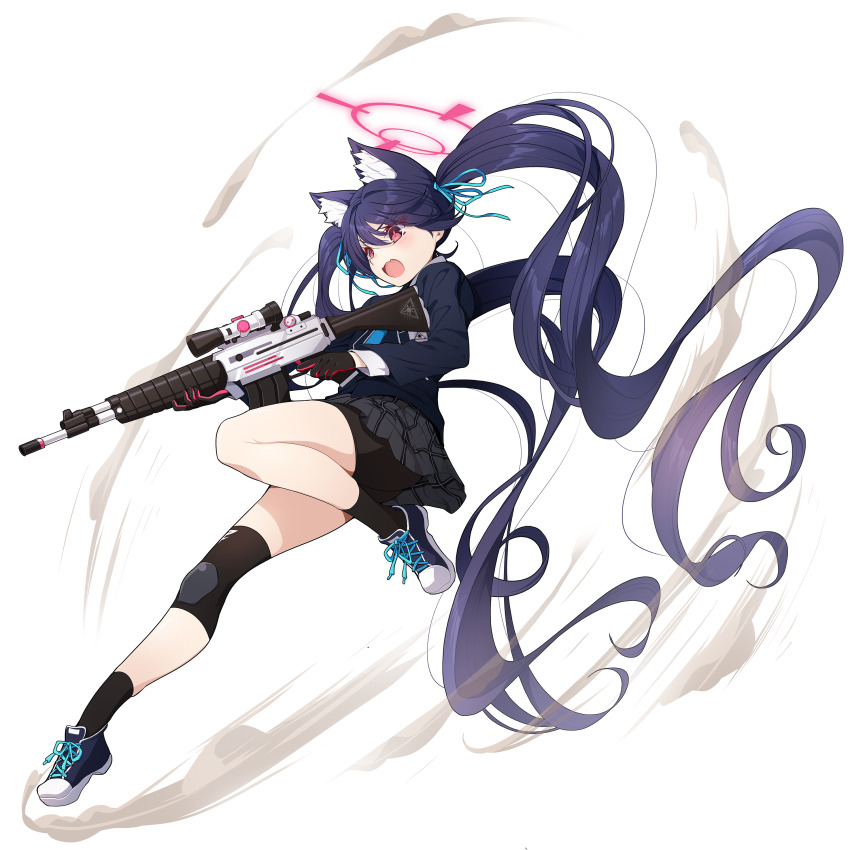 1girl absurdres animal_hair assault_rifle beretta_ar70/90 bike_shorts blue_archive fang gloves gun halo highres holding holding_gun holding_weapon knees koflif long_hair open_mouth rifle school_uniform serika_(blue_archive) skin_fang skirt solo tachi-e twintails very_long_hair weapon