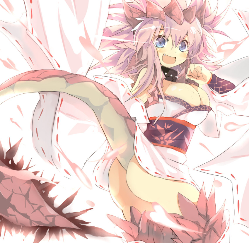 1girl alternate_color ass bare_shoulders blue_eyes breasts capcom cleavage detached_sleeves fang female_focus japanese_clothes large_breasts long_hair monster_hunter_(series) open_mouth personification pink_hair pink_rathian rathian solo tail umitsuki