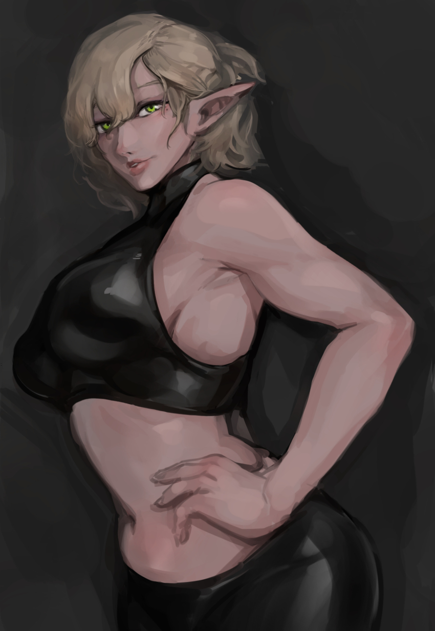 1girl bike_shorts black_shorts black_sports_bra blonde_hair breasts commentary_request cowboy_shot derorin green_eyes grey_background hair_between_eyes hand_on_own_hip highres lips looking_at_viewer medium_breasts messy_hair midriff mizuhashi_parsee navel parted_lips pointy_ears short_hair shorts sideboob smile solo sports_bra touhou