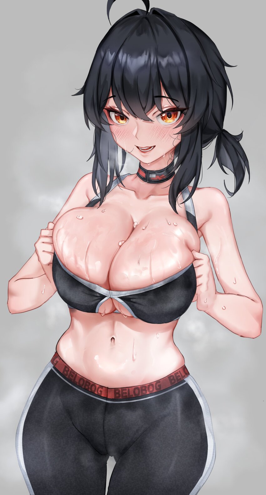 1girl absurdres aegyo_sal ahoge black_bra black_collar black_hair black_pants blush bra breasts breasts_squeezed_together cleavage collar collarbone grace_howard grey_background highres large_breasts lunarisbloom midriff navel orange_eyes pants parted_lips solo steaming_body sweat underwear yoga_pants zenless_zone_zero