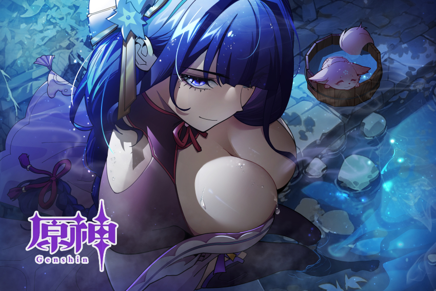 2girls absurdres animal_ears breasts cleavage_cutout clothing_cutout feet fox fox_ears fox_tail genshin_impact godot_975096729 highres large_breasts legs long_braid long_hair looking_at_viewer looking_up multiple_girls pink_fur purple_eyes purple_hair raiden_shogun smile tail thighs yae_miko yae_miko_(fox)