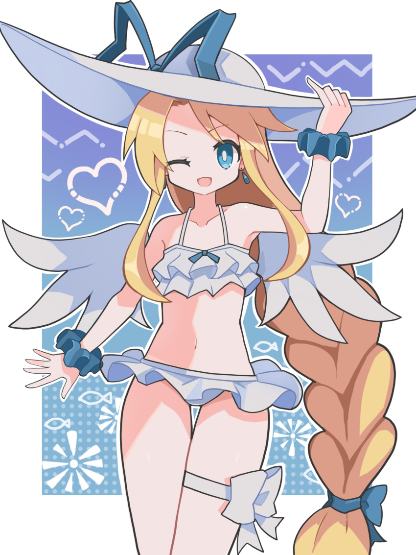 1girl angel angel_wings arms_up bikini bikini_skirt blonde_hair blue_background blue_eyes blue_gemstone blue_ribbon blue_scrunchie border bow breasts collarbone disgaea disgaea_rpg earrings feathered_wings flonne flonne_(beach) footwear_bow frilled_bikini frills gem gradient_background hands_on_headwear hat hat_ribbon heart heart_background high_heels highres jewelry long_hair low-tied_long_hair navel official_alternate_costume official_art one_eye_closed open_mouth polka_dot polka_dot_background ribbon scrunchie sidelocks small_breasts smile solo suaman sun_hat swimsuit thigh_gap very_long_hair white_bikini white_border white_wings wings wrist_scrunchie