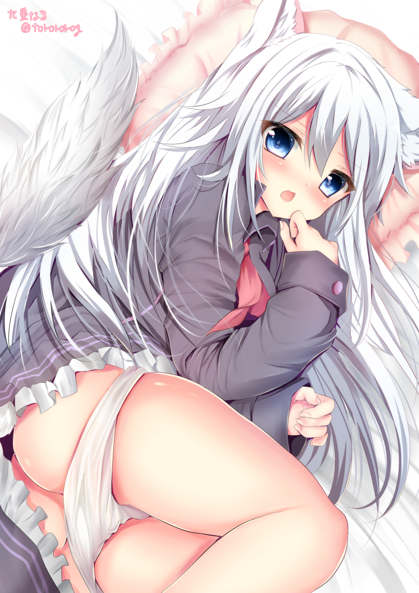 1girl absurdres animal_ears blue_eyes commission frilled_skirt frills hakurou_masha highres indie_virtual_youtuber jacket long_hair long_sleeves looking_at_viewer lying magudara_naru miniskirt on_side panties panty_pull pillow skeb_commission skirt tail underwear virtual_youtuber white_hair wolf_ears wolf_girl wolf_tail