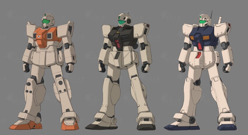 arms_at_sides assault_visor clenched_hands commentary_request earth_federation full_body gm_command gm_kai green_visor grey_background ground_gm gundam gundam_0080 gundam_0083 gundam_08th_ms_team highres hiwa_industry mecha mecha_focus mobile_suit no_humans radio_antenna robot roundel science_fiction simple_background standing thrusters watermark