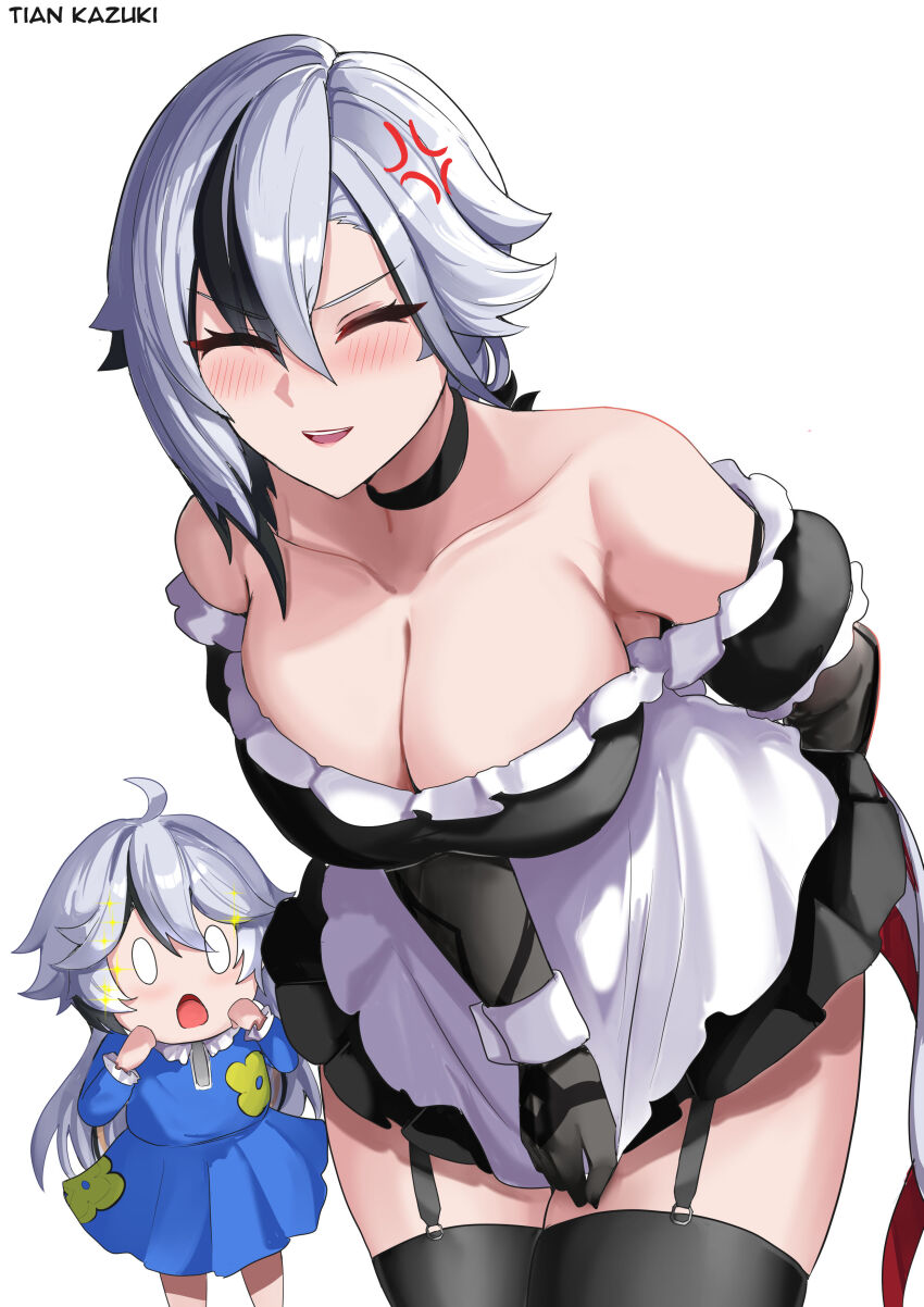 2girls :d ^_^ absurdres ahoge alternate_costume anger_vein apron arlecchino_(genshin_impact) bare_shoulders black_choker black_dress black_hair black_thighhighs blue_dress blush breasts choker cleavage closed_eyes collarbone dress enmaided garter_straps genshin_impact grey_hair highres large_breasts maid mother_and_daughter multicolored_hair multiple_girls off-shoulder_dress off_shoulder open_mouth puffy_short_sleeves puffy_sleeves short_sleeves simple_background smile streaked_hair thighhighs thighs tian_kazuki waist_apron white_apron white_background