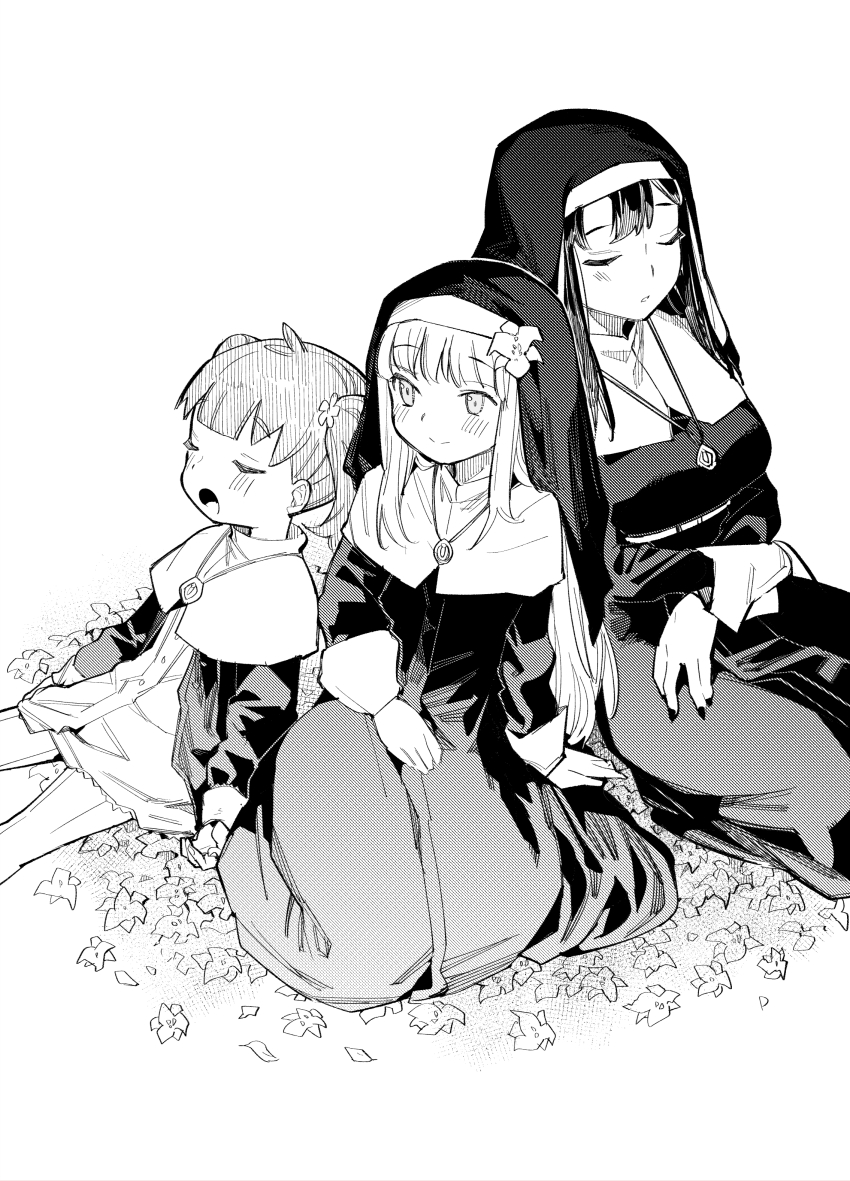 3girls absurdres blush closed_eyes commentary_request dress flower greyscale habit hair_flower hair_ornament henry_bird_9 highres jewelry looking_to_the_side monochrome multiple_girls necklace nun open_mouth original smile