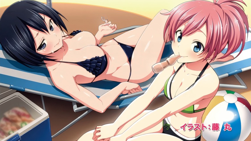 10s 2girls aqua_eyes ball beachball bikini black_eyes black_hair blush breasts chair cleavage end_card frilled_bikini frills fujimaru_(bluebrand) joukamachi_no_dandelion large_breasts lounge_chair mouth_hold multiple_girls navel non-web_source red_hair sakurada_kanade sakurada_misaki strap_gap sweatdrop swimsuit wavy_mouth