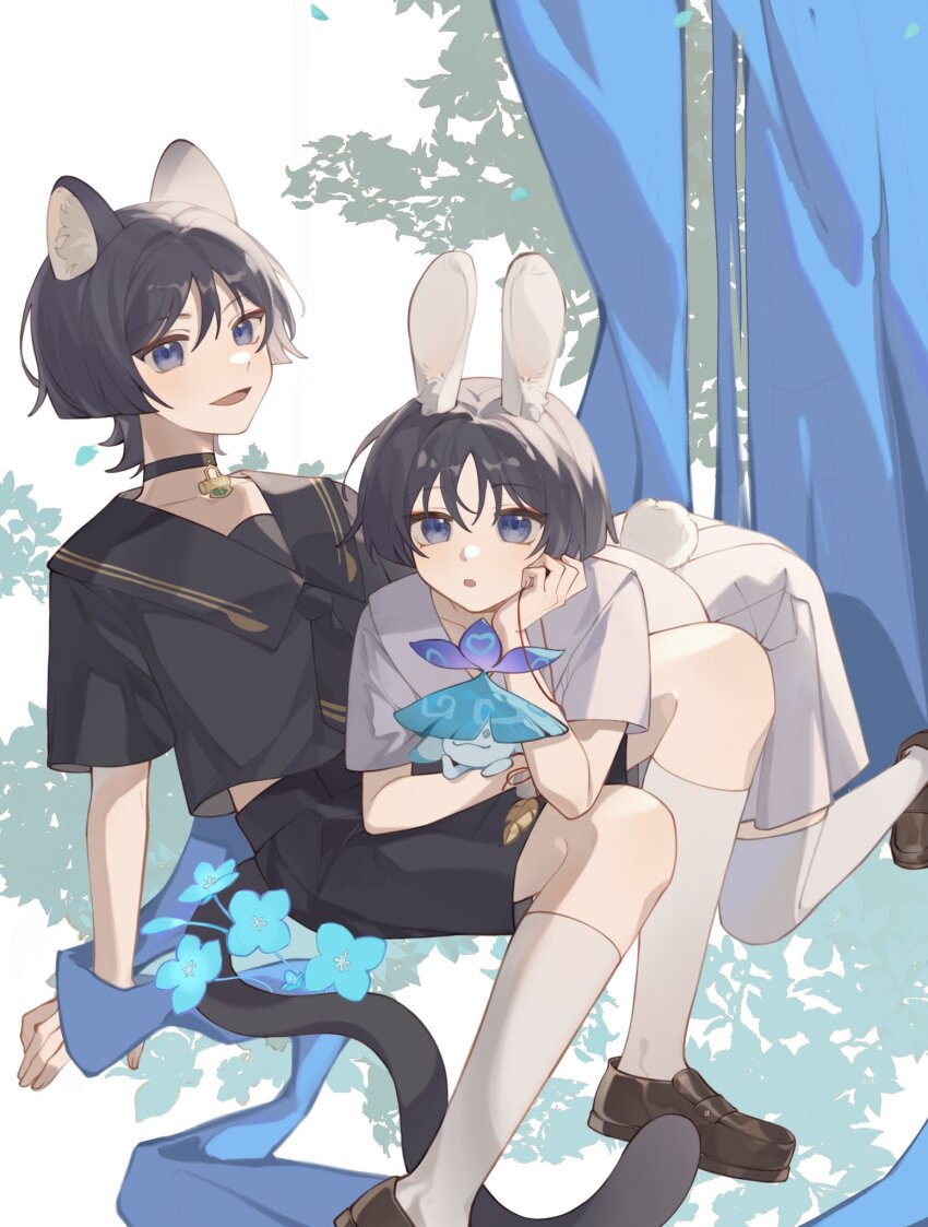 2boys alternate_costume animal_ears ararycan_(genshin_impact) arm_at_side black_choker black_hair black_neckerchief black_sailor_collar black_serafuku black_shorts black_sleeves blue_flower blue_sash blunt_ends brown_footwear cat_boy cat_ears cat_tail choker collarbone contemporary creature curtains dual_persona eyeliner eyeshadow feathers fingernails flower genshin_impact hand_on_own_face highres holding holding_creature kneehighs looking_at_viewer makeup maomaoyu multiple_boys neckerchief on_lap open_hand open_mouth pleated_shorts pom_pom_(clothes) purple_eyes rabbit_boy rabbit_ears rabbit_tail red_eyeliner red_eyeshadow sailor_collar sash scaramouche_(genshin_impact) school_uniform serafuku shoes short_sleeves shorts socks tail wanderer_(genshin_impact) white_sailor_collar white_serafuku white_shorts white_sleeves white_socks yellow_feathers