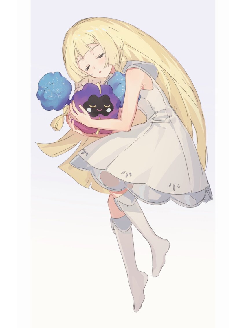 1girl blonde_hair braid closed_eyes cosmog creatures_(company) dress fua1heyvot4ifsr game_freak gen_7_pokemon highres holding holding_pokemon knee_up kneehighs legendary_pokemon lillie_(pokemon) long_hair nintendo no_headwear no_shoes pokemon pokemon_(creature) pokemon_sm side_braids sleeping sleeveless sleeveless_dress smile socks sundress u_u white_dress white_socks