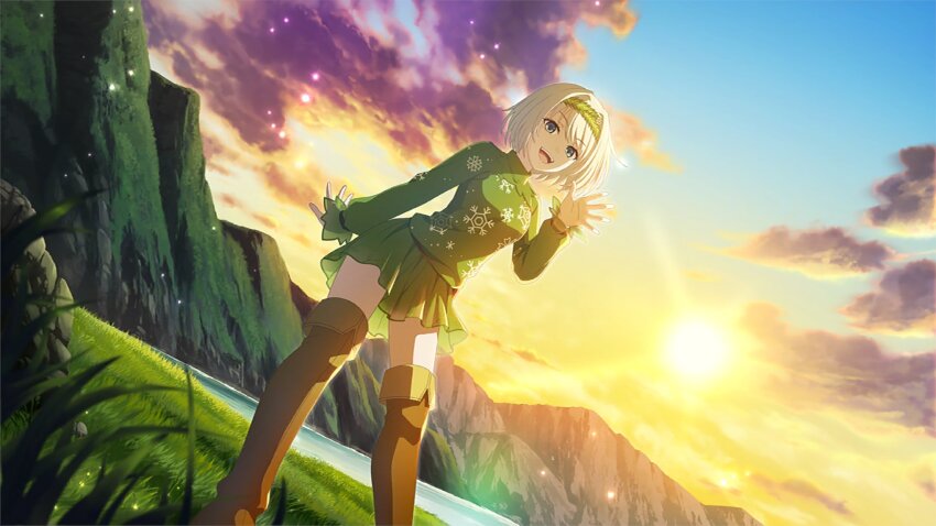 1girl blonde_hair blue_eyes boots brown_footwear cloud cloudy_sky grass green_hairband green_shirt green_skirt haimura_kiyotaka hair_ornament hairband highres long_sleeves looking_at_viewer miniskirt mountain pond river saronia_a_irivika see-through_clothes see-through_skirt shirt short_hair skirt sky smile sun sunlight thigh_boots toaru_majutsu_no_index toaru_majutsu_no_index:_imaginary_fest toaru_majutsu_no_index:_new_testament waist_bag