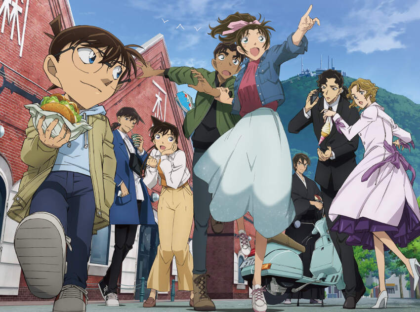 3girls 5boys black_hair black_jacket black_pants black_shirt blue_jacket blue_pants brown_footwear brown_hair brown_jacket burger closed_mouth dress edogawa_conan food from_below fukushiro_hijiri green_jacket hakodate_(city) hand_on_own_cheek hand_on_own_face hattori_heiji highres holding holding_another&#039;s_wrist holding_burger holding_food iori_muga jacket leg_up loafers long_hair long_sleeves meitantei_conan mountain mouri_ran multiple_boys multiple_girls official_art okita_soushi_(meitantei_conan) oooka_momiji open_mouth orange_shirt outdoors pants pointing pointing_forward purple_dress red_shirt shirt shoes short_hair skirt smile sneakers tooyama_kazuha white_footwear white_jacket white_shirt white_skirt