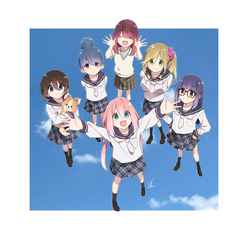 6+girls absurdres black-framed_eyewear black_hair blonde_hair blue_eyes blue_hair blue_sky breasts brown_eyes brown_hair closed_eyes closed_mouth cloud glasses green_eyes hair_between_eyes hair_bun highres inuyama_aoi kagamihara_nadeshiko large_breasts loafers long_hair long_sleeves looking_at_viewer looking_up motosu_school_uniform multiple_girls oogaki_chiaki open_mouth pink_hair plaid_clothes plaid_skirt purple_eyes purple_hair sailor_collar saitou_ena school_uniform serafuku shima_rin shirt shoes short_hair side_ponytail signature single_hair_bun skirt sky smile socks sweater_vest thick_eyebrows toki_ayano yas_(yosiyasuyasu) yurucamp