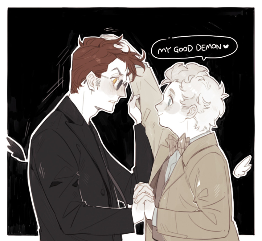 2boys angel aziraphale_(good_omens) blue_eyes crowley_(good_omens) demon_boy english_text formal_clothes good_omens looking_at_another luminous_slime male_focus multiple_boys red_hair speech_bubble suit white_hair yellow_eyes