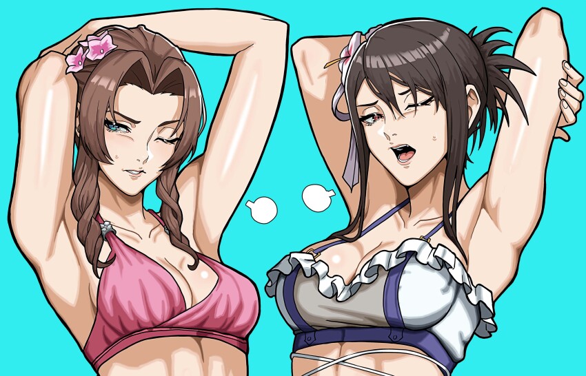 2girls absurdres aerith_gainsborough armpits arms_up bare_arms bikini black_hair blue_eyes braid breasts brown_hair close-up final_fantasy final_fantasy_vii final_fantasy_vii_remake flower frilled_bikini frills hair_between_eyes hair_flower hair_ornament highres medium_breasts mikey_pie multiple_girls one_eye_closed open_mouth parted_bangs red_eyes simple_background small_breasts sweat swimsuit teeth tifa_lockhart twin_braids