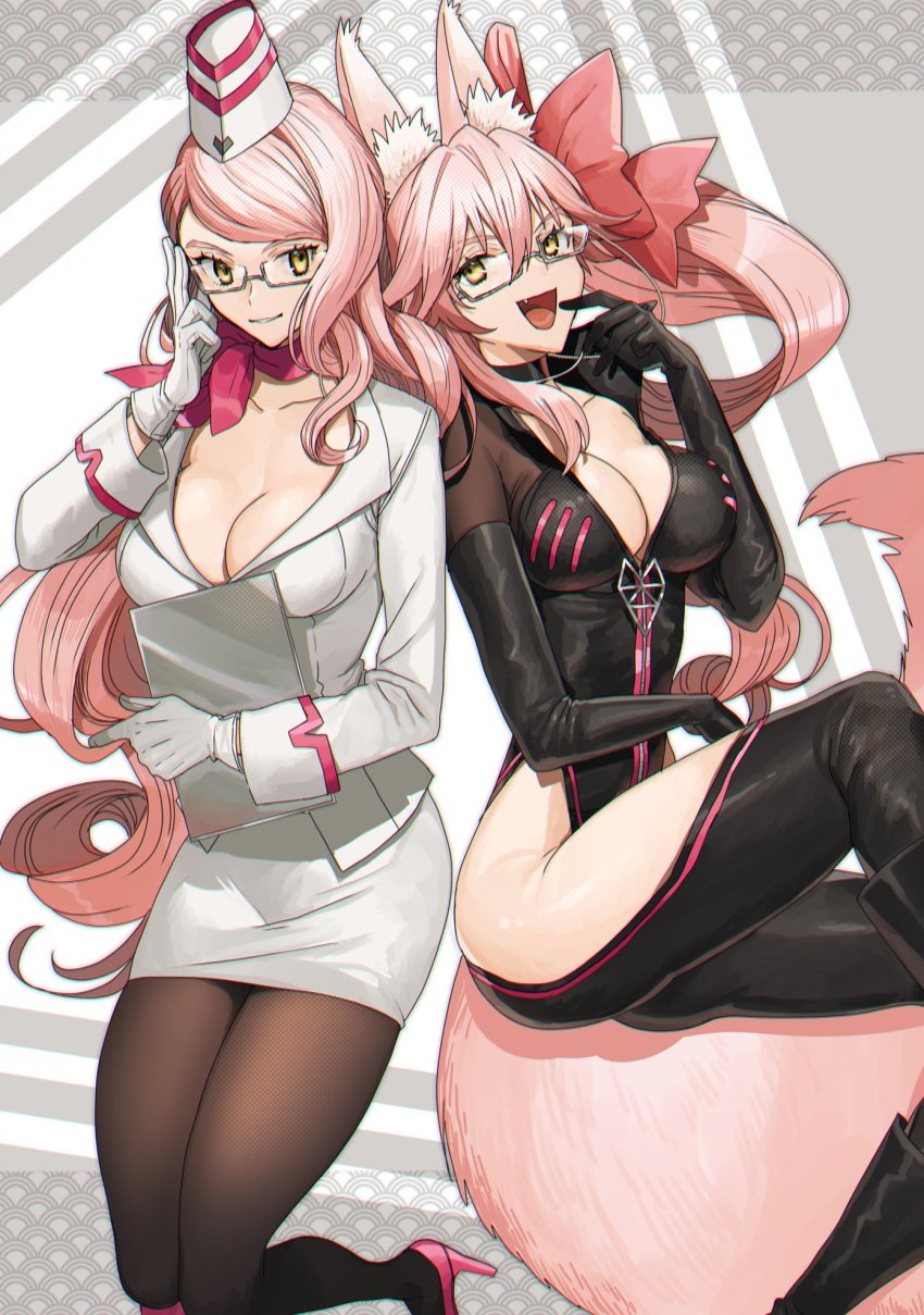 2girls :d animal_ear_fluff animal_ears bad_id bad_twitter_id black_bodysuit black_gloves bodysuit book bow breasts chromatic_aberration cleavage collarbone commentary_request elbow_gloves eyelashes fang fate/grand_order fate_(series) finger_to_head finger_to_mouth fox_ears fox_girl fox_tail glasses gloves grey_background grin hair_between_eyes hair_bow hat high_heels highres holding holding_book koyanskaya_(assassin)_(first_ascension)_(fate) koyanskaya_(fate) koyanskaya_(foreigner)_(first_ascension)_(fate) large_breasts long_hair long_sleeves looking_at_another multiple_girls none_(kameko227) open_mouth pantyhose pink_bow pink_footwear pink_hair pink_scarf scarf shirt side_ponytail sidelocks skirt smile tail tamamo_(fate) thighhighs tongue white_gloves white_headwear white_shirt white_skirt yellow_eyes zipper