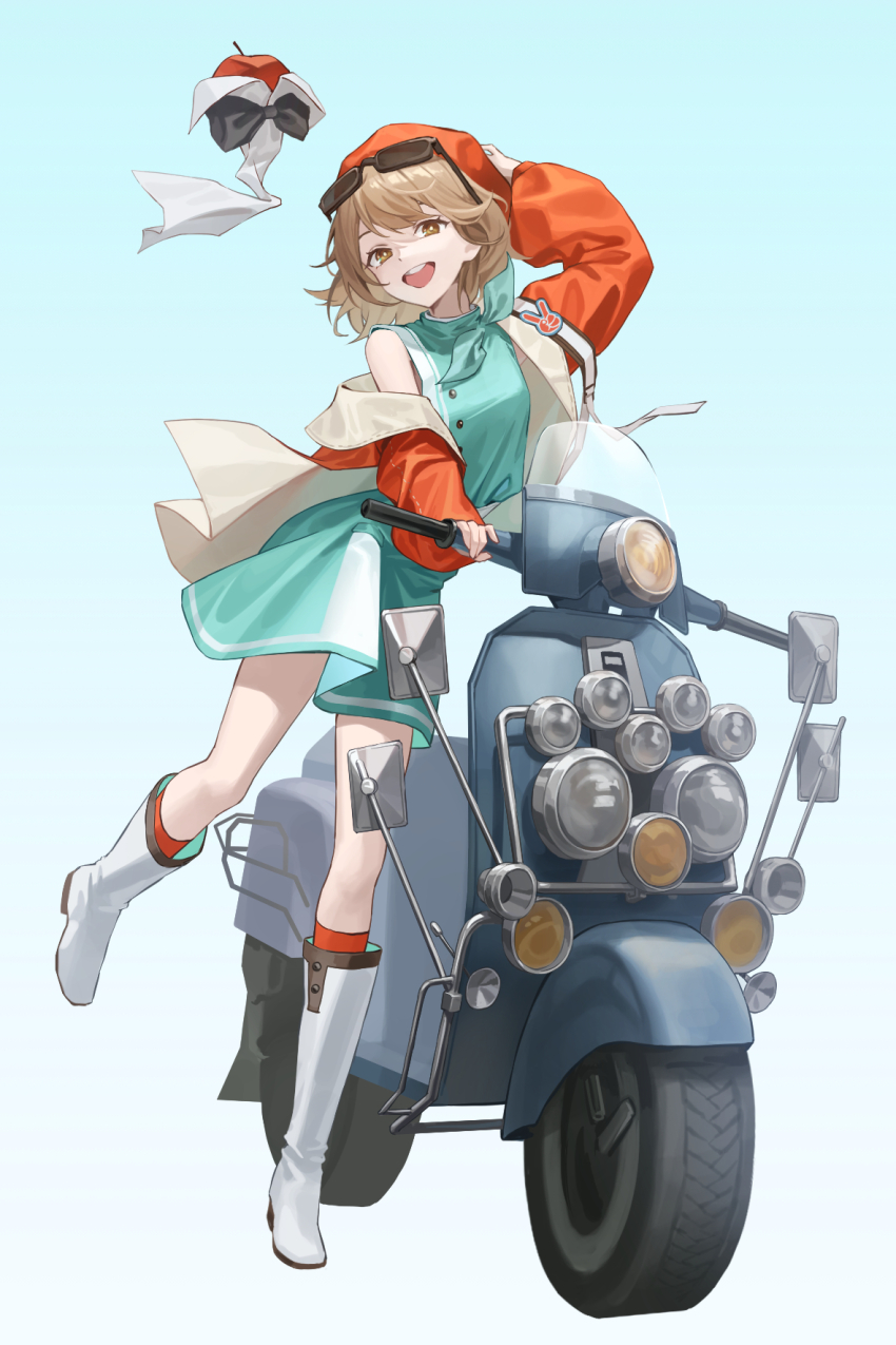 1girl :d alohayuja apple apple_(reverse:1999) aqua_dress aqua_neckerchief arm_up beret black_bow black_bowtie blue_background boots bow bowtie brown_hair dress eyewear_on_head food fruit full_body gradient_background hand_on_headwear hand_up hat highres jacket knee_boots kneehighs leg_up long_sleeves looking_at_viewer motor_vehicle neckerchief open_clothes open_jacket open_mouth puffy_long_sleeves puffy_sleeves red_hat red_jacket red_socks regulus_(reverse:1999) reverse:1999 scooter short_dress short_hair single_bare_shoulder single_off_shoulder sleeveless sleeveless_dress smile socks solo standing standing_on_one_leg sunglasses teeth traditional_bowtie upper_teeth_only white_footwear yellow_eyes