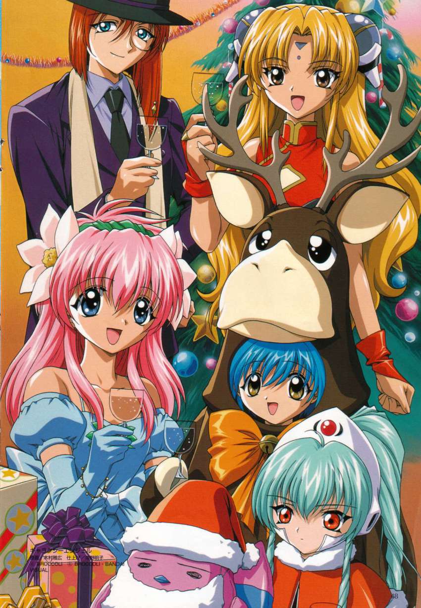 00s 5girls animal_costume bandai bare_shoulders blonde_hair blue_hair broccoli_(company) china_dress chinese_clothes christmas christmas_tree dress elbow_gloves forte_stollen galaxy_angel gift gloves hat highres kimura_masahiro long_hair looking_at_viewer milfeulle_sakuraba mint_blancmanche monocle monocle_chain multiple_girls necktie normad official_art orange_eyes pink_hair ranpha_franboise red_hair reindeer_costume santa_hat scarf short_hair smile vanilla_h