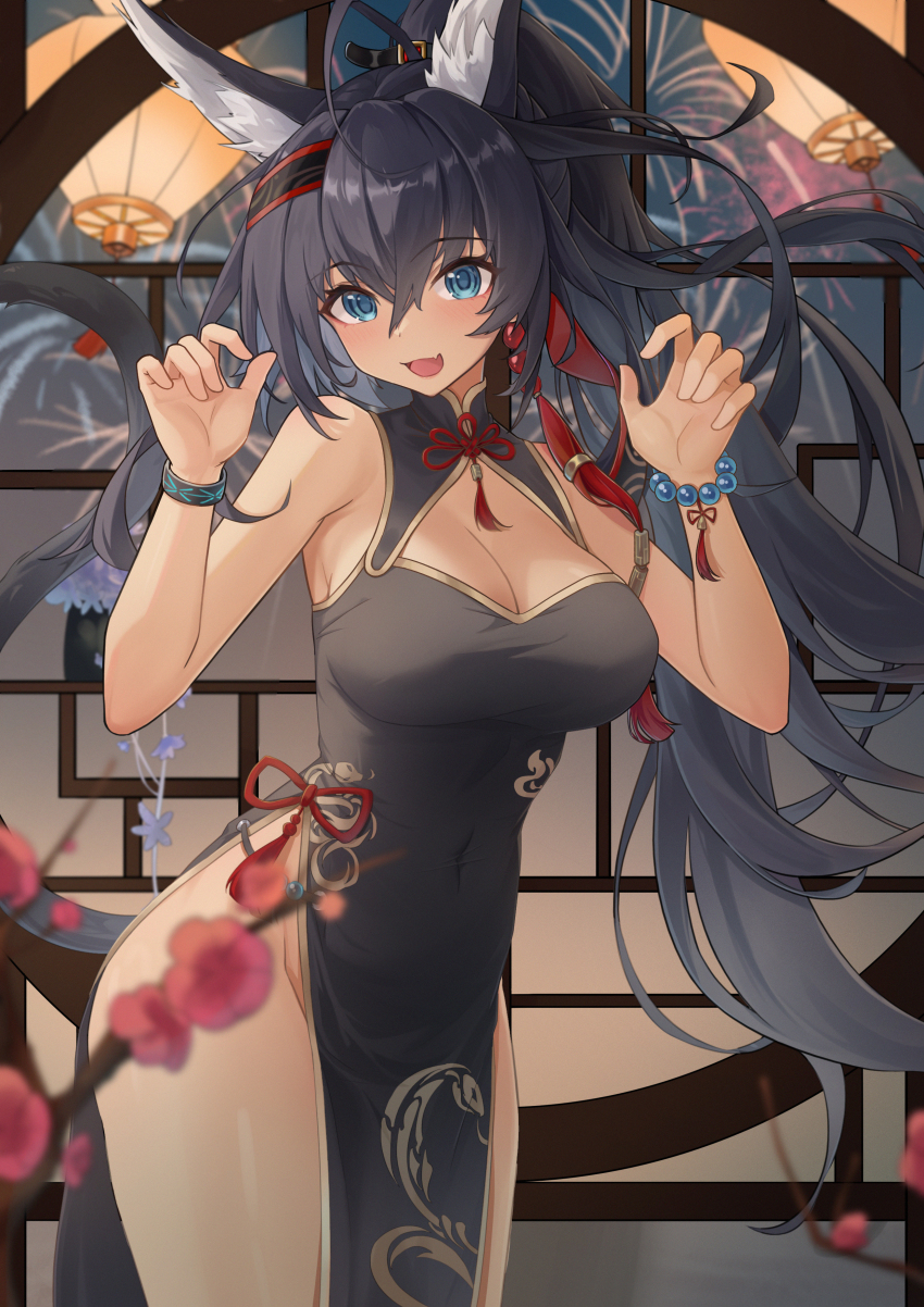 1girl :d absurdres ahoge alternate_costume animal_ears arknights bare_shoulders bead_bracelet beads black_dress black_hair blaze_(arknights) blaze_the_igniting_spark_(arknights) blue_eyes blush bracelet breasts cat_ears cat_girl cat_tail china_dress chinese_clothes chinese_commentary cleavage cleavage_cutout clothing_cutout commentary_request covered_navel cowboy_shot dress earrings extra_ears fang fireworks flower hands_up high_ponytail highres impossible_clothes impossible_dress indoors infection_monitor_(arknights) jewelry large_breasts large_variant_set long_hair looking_at_viewer no_panties open_mouth pelvic_curtain plum_blossoms ponytail round_window skin_fang sktre12 sleeveless sleeveless_dress smile solo tail tassel variant_set very_long_hair window