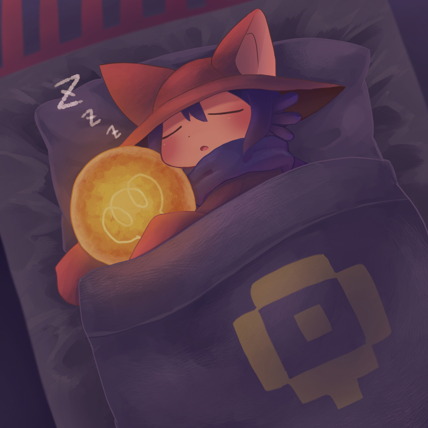 1other animal_ears animal_hat bed bed_sheet blue_hair blue_scarf blush brown_headwear brown_tunic cat_ears cat_hat haippp hat highres light_bulb long_sleeves niko_(oneshot) on_bed oneshot_(game) pillow scarf sleeping tunic zzz