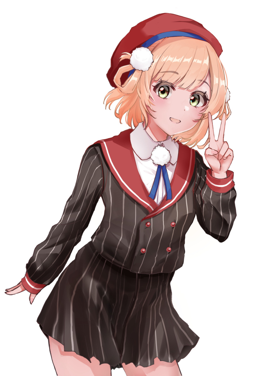 1girl beret blonde_hair buttons collared_shirt cowboy_shot double-breasted green_eyes hair_ornament hair_rings hat highres indie_virtual_youtuber jacket kamitu long_sleeves neck_ribbon one_side_up open_mouth pom_pom_(clothes) pom_pom_hair_ornament ribbon shigure_ui_(vtuber) shigure_ui_(vtuber)_(1st_costume) shirt short_hair skirt sleeve_cuffs smile solo striped_clothes striped_jacket striped_skirt v vertical-striped_clothes vertical-striped_jacket vertical-striped_skirt virtual_youtuber