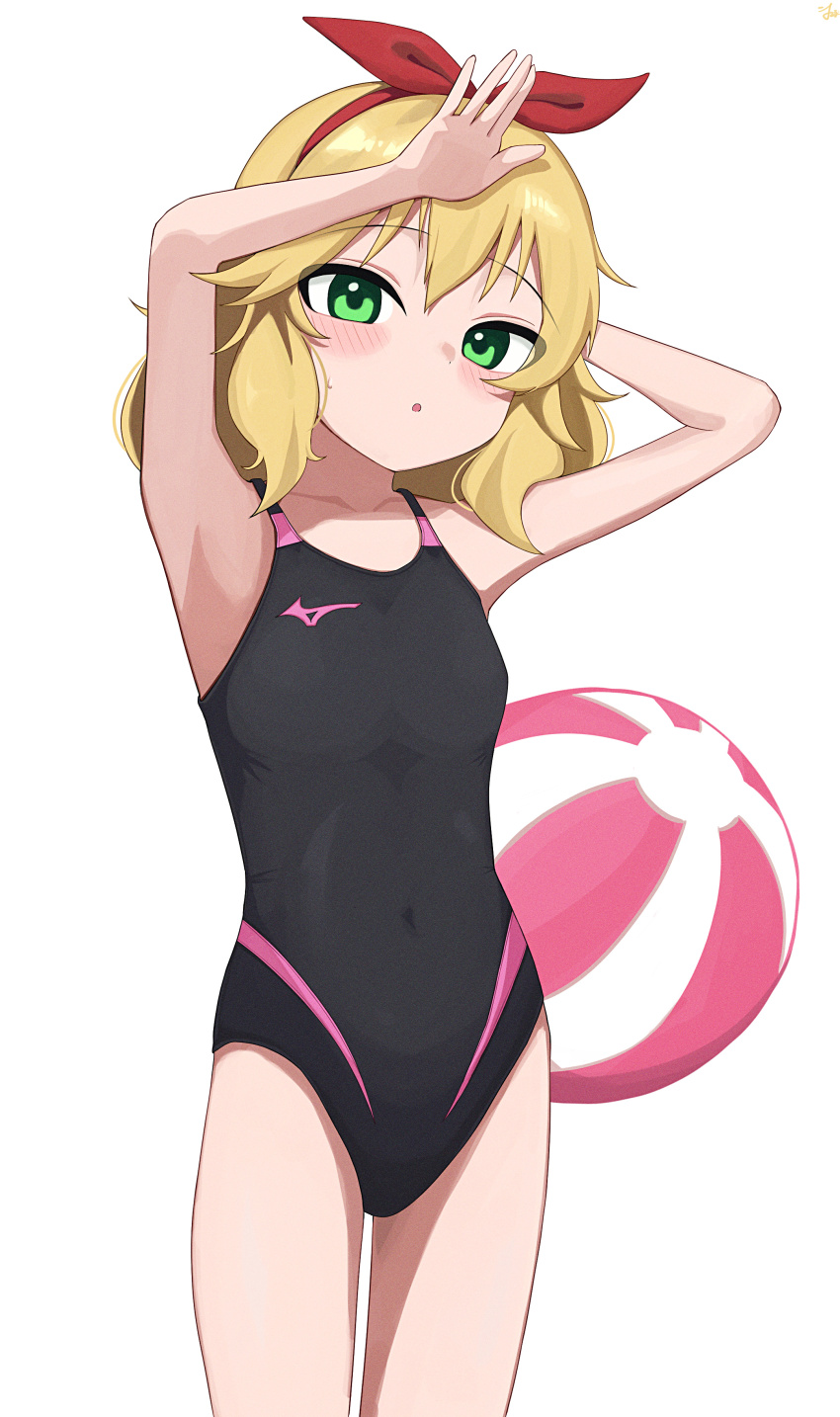 1girl absurdres armpits arms_up ball bare_arms bare_legs bare_shoulders black_one-piece_swimsuit blonde_hair breasts commentary_request covered_navel cowboy_shot green_eyes hairband highres idolmaster idolmaster_cinderella_girls idolmaster_cinderella_girls_u149 looking_at_viewer niokai one-piece_swimsuit partial_commentary sakurai_momoka short_hair simple_background small_breasts solo standing swimsuit thighs white_background