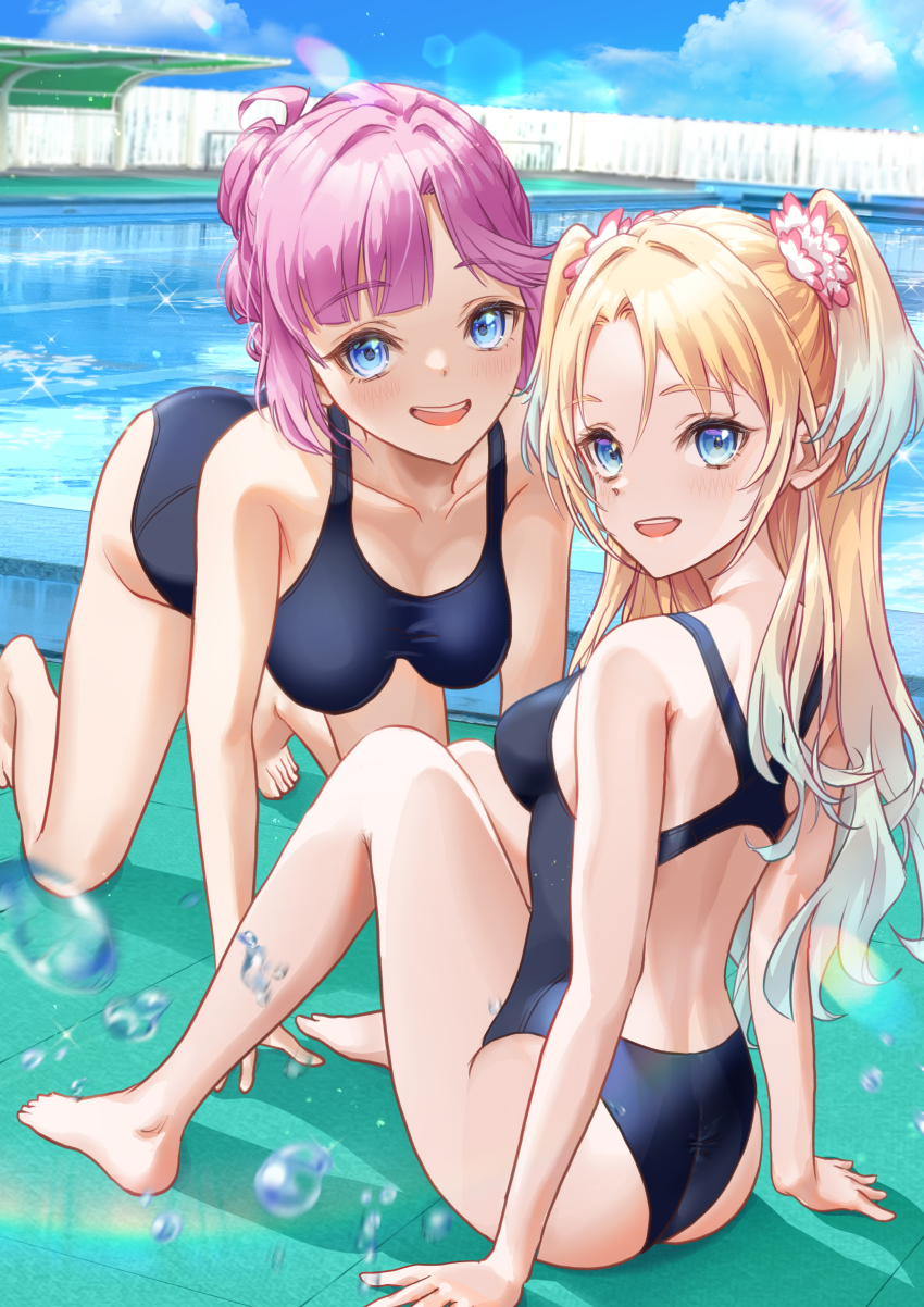 2girls :d absurdres ahoge all_fours alternate_costume anyoji_hime ass barefoot black_one-piece_swimsuit blonde_hair blue_eyes blue_hair blunt_bangs breasts collarbone commentary competition_swimsuit flower gradient_hair hair_flower hair_ornament hanging_breasts highres kobassy light_blue_hair link!_like!_love_live! long_hair looking_at_viewer looking_back love_live! medium_breasts multi-tied_hair multicolored_hair multiple_girls one-piece_swimsuit open_mouth osawa_rurino outdoors parted_bangs pink_flower pink_hair ponytail pool racerback sidelocks sitting smile split_mouth swept_bangs swimsuit teeth twintails upper_teeth_only virtual_youtuber water_drop