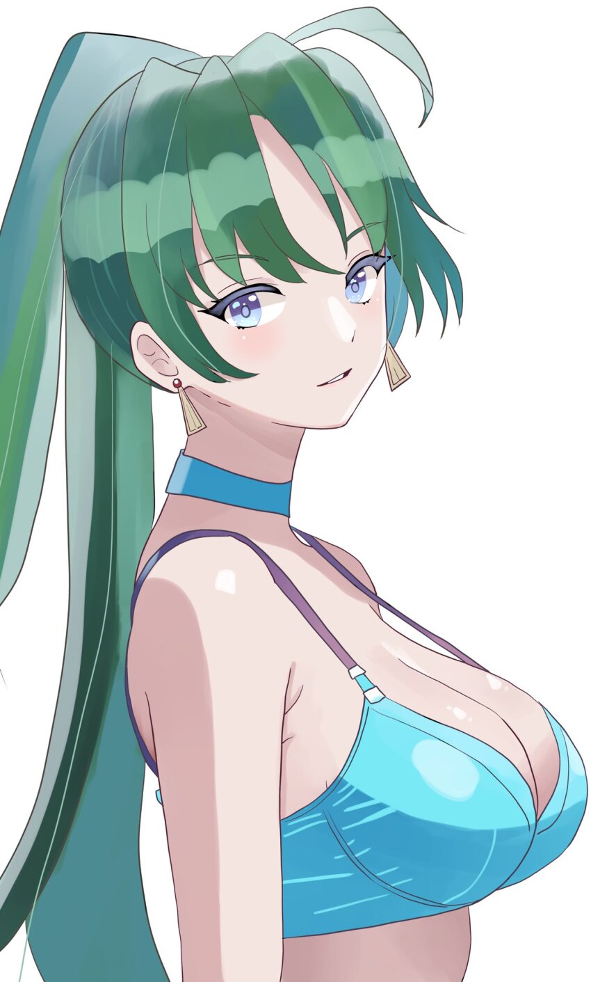 1girl alternate_costume armpit_crease bikini blue_bikini blue_choker blue_eyes blue_pupils breasts choker cleavage commentary_request curtained_hair earrings fire_emblem fire_emblem:_the_blazing_blade green_hair high_ponytail highres jewelry large_breasts long_hair looking_at_viewer lyn_(fire_emblem) n_54 nintendo simple_background smile solo swimsuit tassel tassel_earrings white_background