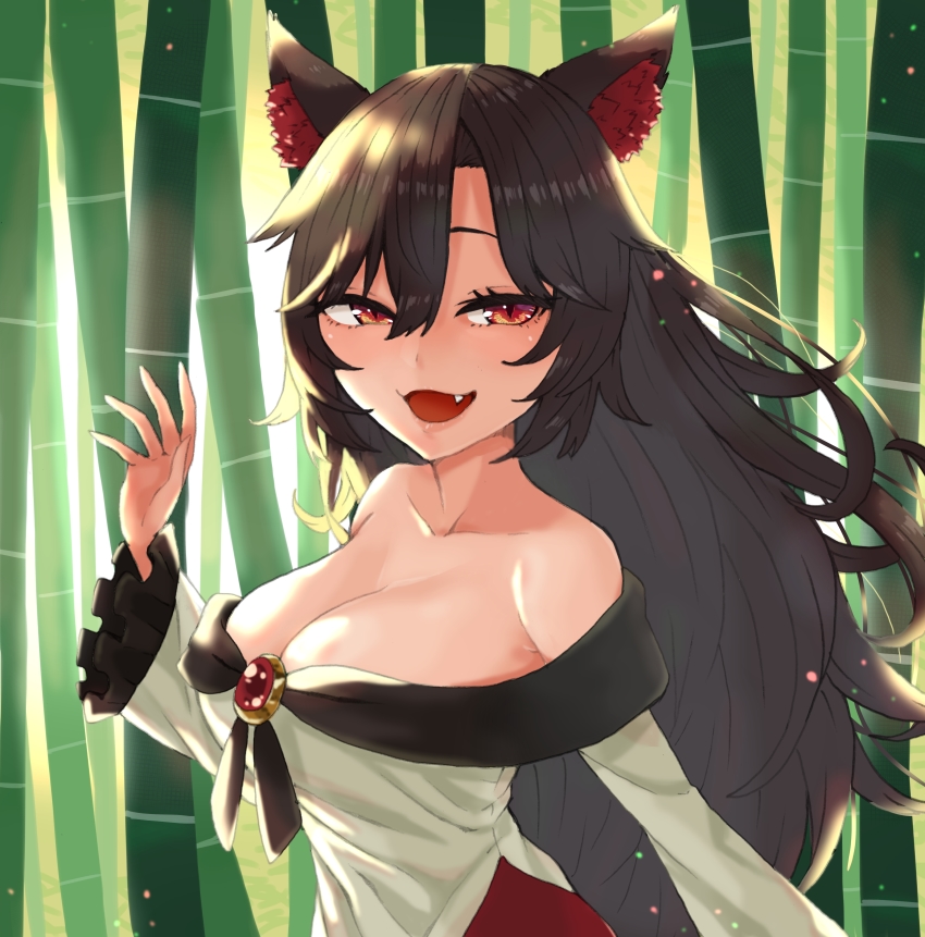 1girl absurdres animal_ears bamboo bamboo_forest breasts brooch brown_hair cleavage collarbone commentary_request dress fang forest highres imaizumi_kagerou jewelry ke-su large_breasts long_hair long_sleeves looking_at_viewer nature off-shoulder_dress off_shoulder open_mouth outdoors red_eyes solo touhou white_dress wide_sleeves wolf_ears