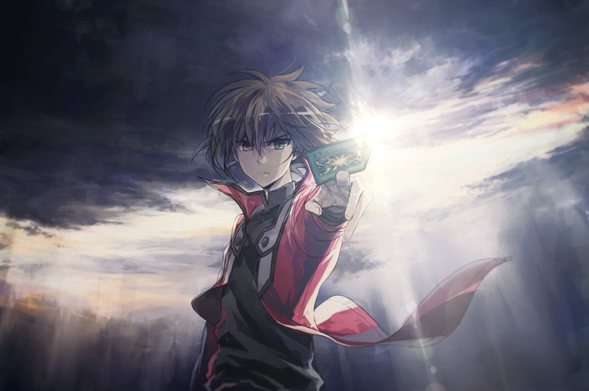 1boy black_shirt brown_hair card cloud cloudy_sky dappled_sunlight dark_clouds evening facing_viewer forest green_eyes grey_sky heterochromia holding holding_card jacket light_rays looking_at_viewer moribuden nature open_clothes open_jacket outdoors outstretched_arm popped_collar red_jacket shirt sky sunlight tree wind yellow_eyes yu-gi-oh! yu-gi-oh!_gx yuki_judai