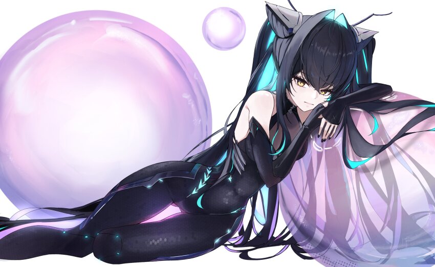 1girl absurdres bare_shoulders black_hair black_nails bodysuit breasts bubble closed_mouth colored_inner_hair elbow_gloves gloves gluteal_fold goddess_of_victory:_nikke hair_intakes halterneck head_on_arm highres little_mermaid_(nikke) long_hair looking_at_viewer lying multicolored_hair ninney5 little_mermaid_(nikke) solo thigh_gap twintails very_long_hair yellow_eyes