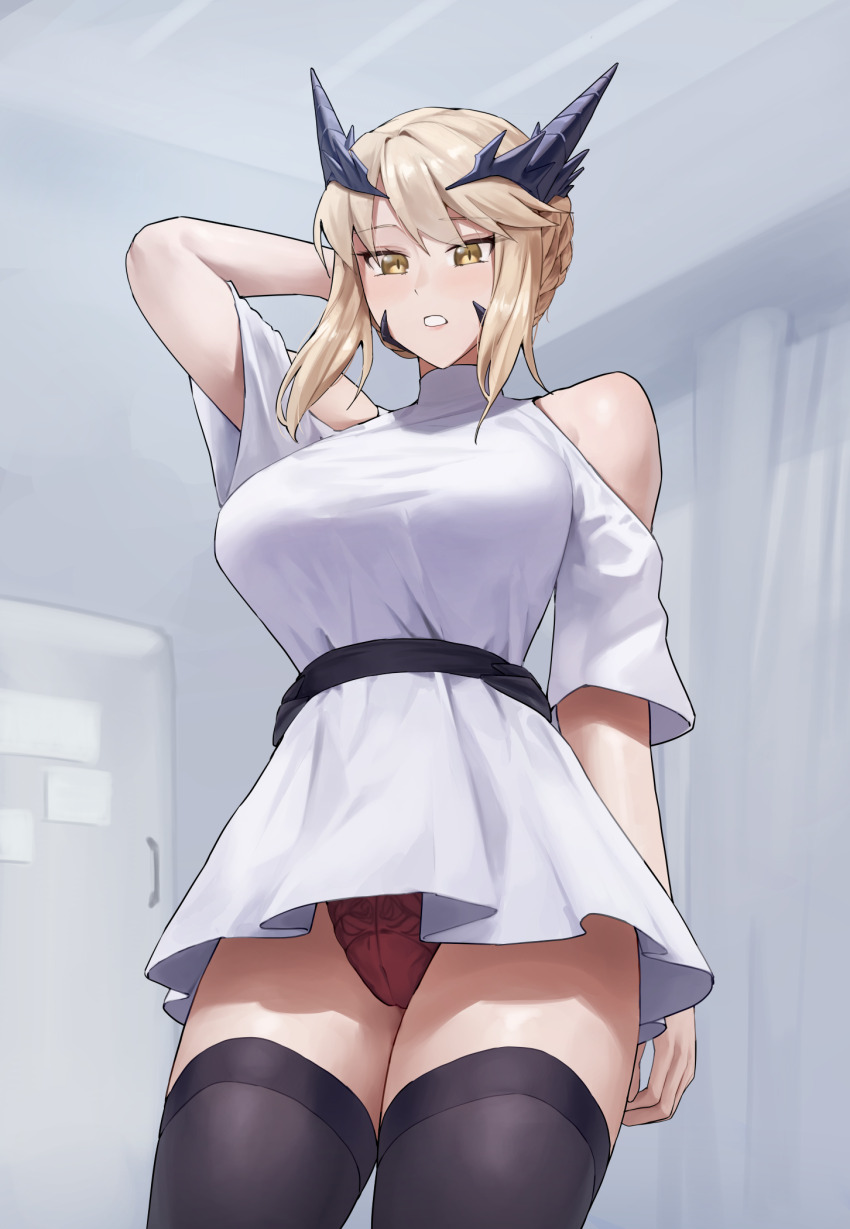 1girl :o alternate_costume arm_behind_head arm_up artoria_pendragon_(fate) artoria_pendragon_(lancer_alter)_(fate) bare_shoulders black_thighhighs blonde_hair braid breasts cameltoe clothing_cutout commentary dress english_commentary fate/grand_order fate_(series) hair_between_eyes highres horns large_breasts long_hair looking_at_viewer panties red_panties sarhce shoulder_cutout sidelocks solo thighhighs thighs turtleneck turtleneck_dress underwear white_dress yellow_eyes